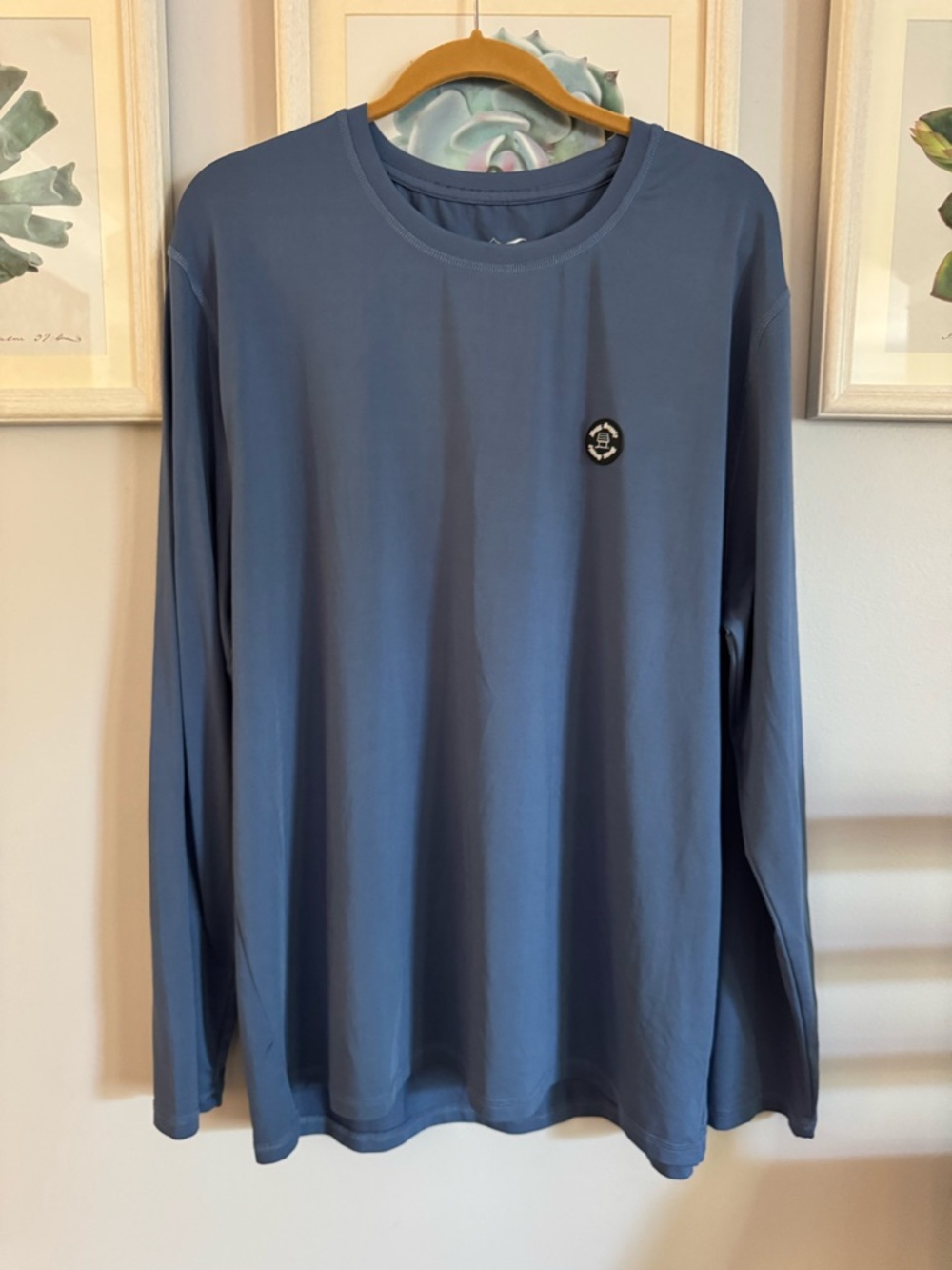 Men's Long-Sleeve Crew Tee in Slate Blue with Subtle Chest Emblem